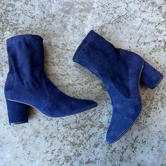 Stuart Weitzman Shoes - Stuart Weitzman Margot 75 Navy Blue Suede Ankle Sock Booties Block Heel 8.5